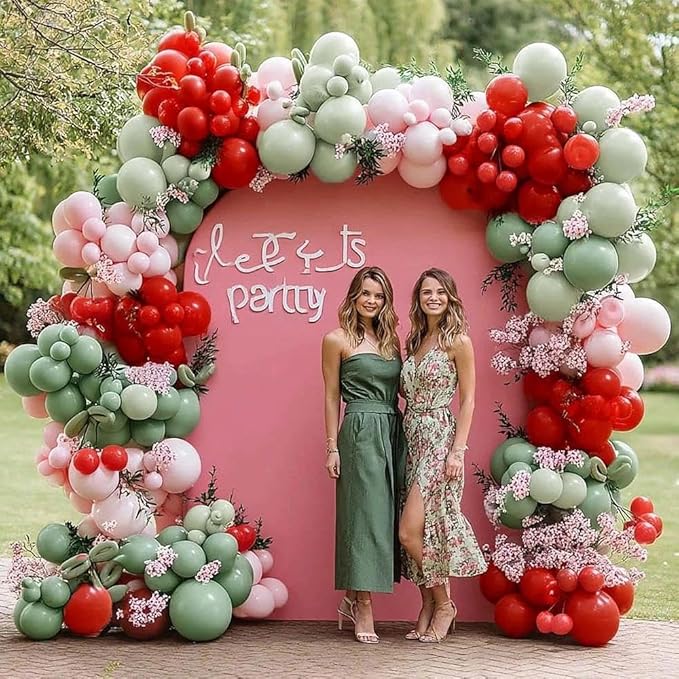 Red Pink Green Balloon Arch Double Stuffed Dusty Green, Ruby Red, Pastel Pink Balloon Garland Kit for Cherry on Top Birthday Mothers Day Baby Shower Wedding Summer Party Decoration
