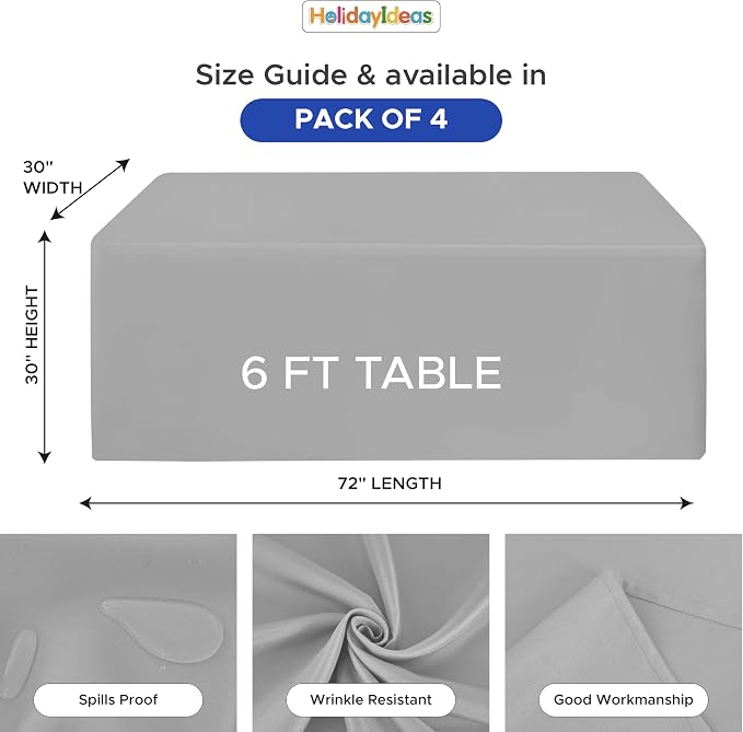 HolidayIdeas 4-Pack 6ft Silver Grey Rectangle Craft Shows Fitted Tablecloth | Wrinkle resistant table covers; bulk quantity pack for professional trade exhibition displays or vendor booths