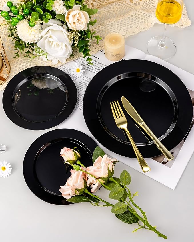 BESTVIP 200PCS Black Plastic Plates, Disposable Party Plates with 100 Dinner Plates and 100 Dessert Plates, Plastic Plates for Party, Wedding, Birthday