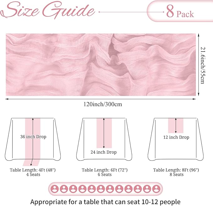 8 Pack Pink Cheesecloth Table Runner 10FT Light Pink Boho Gauze Cheese Cloth Table Runner Rustic Sheer Fabric Table Runners for Wedding Bridal Shower Baby Shower Party(21.5×120 Inch)