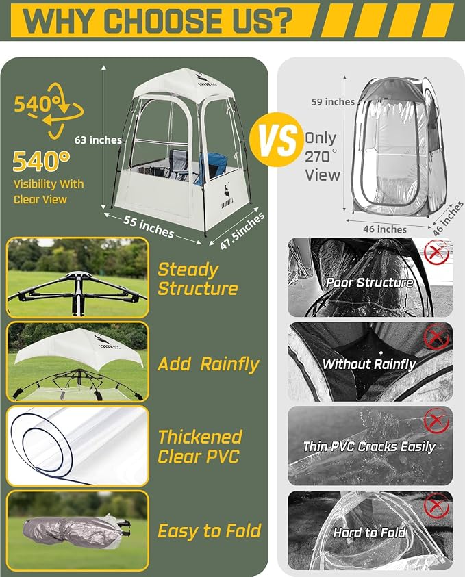 Pod All Weather Sports Tent, Outdoor Pop Up Bubble Clear 540° View Winter Tent for 1-2 Person, Instant Cold Weather Shelter with Rainfly for Soccer, Football, Softball & Other Sports Events