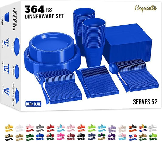 350 Pcs Dark Blue Plastic Plates For Party, Dark Blue Disposable Plates Set, 50 Of Each 9" Dinner Plate Set, 7" Dessert Plate, Cups, Napkins & Cutlery Plastic Dinnerware Set Exquisite