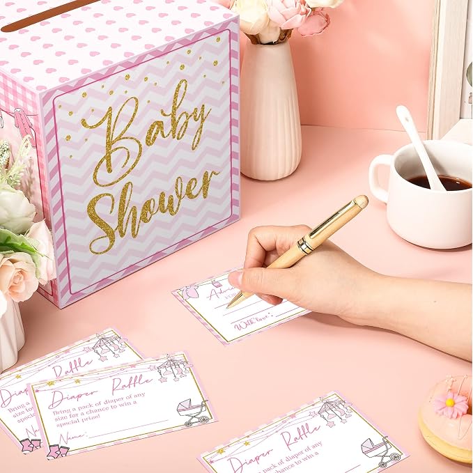 Teling 51 Pieces Diaper Raffle Tickets with Card Box Baby Shower Decorations Baby Shower Holder Box for Girl Boy Diaper Raffle Party(Pink Heart)