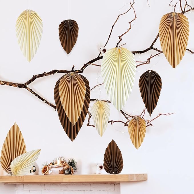SUNBEAUTY Boho Paper Fans Party Decorations Paper Leaves for Decoration Natural Party Decorations Paper Fans Classroom Decoration Paper Fans Backdrop Decor Brown Birthday Decorations,Set of 9
