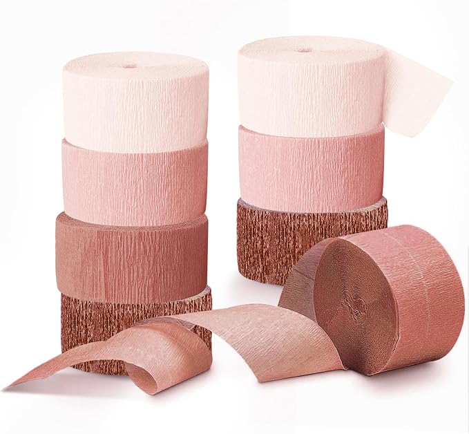 Rose Gold Wedding Decorations - 15 PCS Tissue Paper Pom Poms + 8 Rolls Rose Gold Crepe Paper Streamers for Engagement Party Wedding Birthday Bridal Shower Bachelorette
