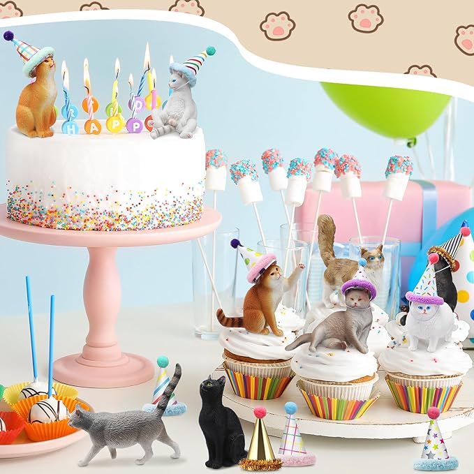 Colingmill 18 Pcs Cat Birthday Party Decorations Mini Birthday Hat Animal Figure Model Cake Toppers with Mini Hat for Birthday Party, Animals Themed Party