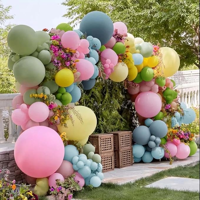Colorful Balloon Arch Double Stuffed Latex Blue Yellow Green Pink Balloons Wildflower Balloon Garland for Spring Flower Birthday Baby Shower Garden Candy Party Decoration
