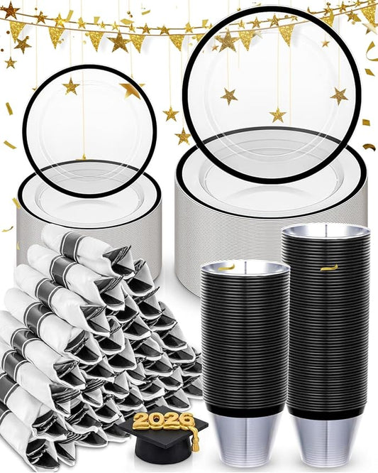 BESTVIP 350Pcs Clear Black Plastic Plates for Party, Disposable Dinnerware Set for 50 Guests, 100 Plastic Plates, 50 Cups, 50 Pre-Rolled Napkins with Cutlery for Graduation Party, Wedding, Halloween