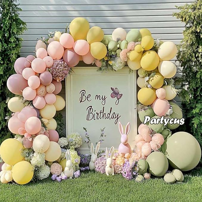 Pink Green Yellow Balloon Arch Double Stuffed, Dusty Green Light Yellow Mauve Ivory Pastel Balloon Garland Kit for Baby Shower Birthday Bridal Wedding Flower Mothers Day Party Decoration