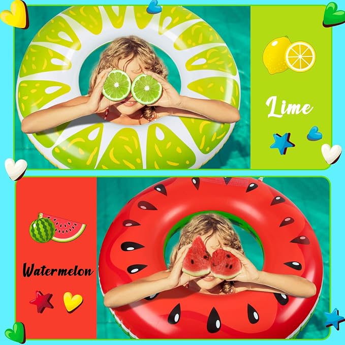 90shine 2-Pack Fruit Pool Floats: Inflatable Floaties Rings, Floating Tubes & Toys for Kids Adults, Swimming Beach Pool Party Decorations