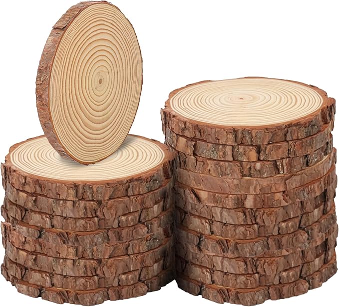 20 PCS Unfinished Wood Slices for Centerpieces, 6.3-7 Inch Natural Wood Slices with Tree Bark Pine and Wood Rounds Discs for DIY Crafts, Centerpieces, Art & Decor