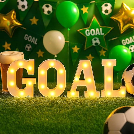 Honoson 4 Pcs Soccer Party Decorations Goal LED Lights Sign Soccer Football Birthday Decorations Sports Theme Table Decor for 2026 Gameday Tailgate Fans Match Point Party Supplies