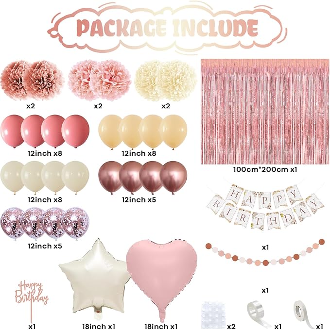 Jobkoo Pink Birthday Decorations for Women, Boho Dusty Pink Rose Gold Blush Beige Latex Balloons Happy Birthday Banner Foil Fringe Curtain Tissue Paper Pompom for Woman Girls Party Decoration Supplies