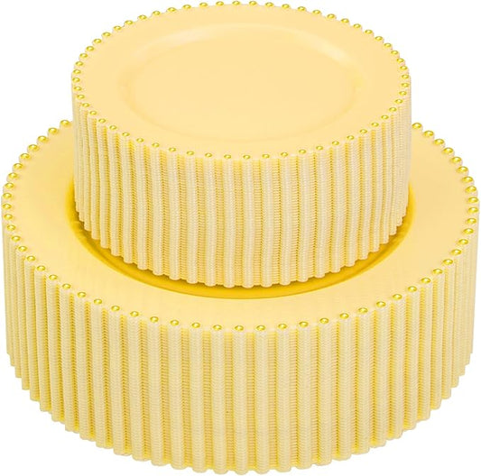 Supernal 100pcs Yellow Plastic Plates,Heavy Duty Plastic Plates,Yellow Party Decorations with Gold Beaded Including 50 Dinner Plate and 50 Disposable Dessert Plate,Pretty Disposable Platos for Wedding