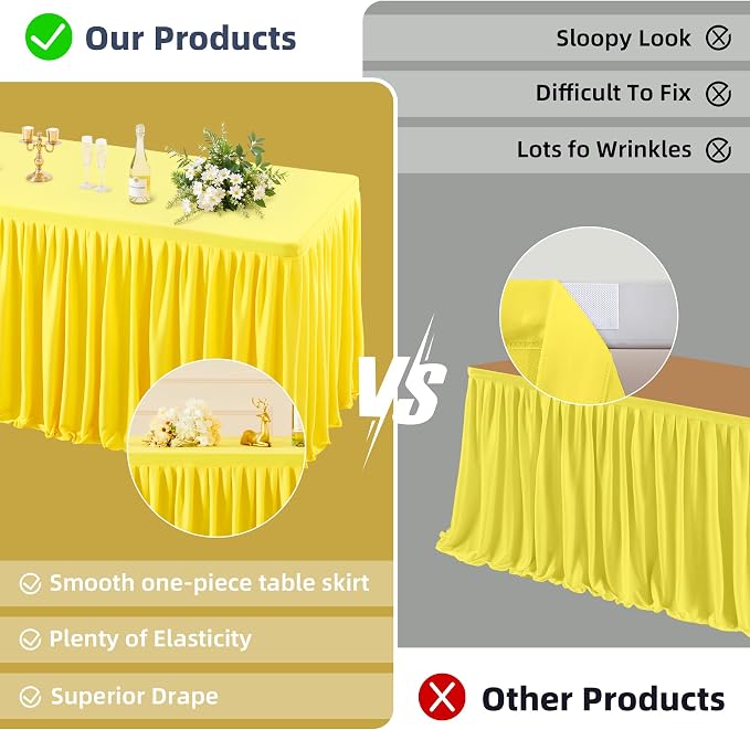 PARTISKY 1 Pack Yellow Tablecloths for Rectangle Tables 8ft, Wrinkle Resistant Spandex Table Cover Fitted Stretch Table Cloth with Pleated Ruffle Skirts for Party Banquet Dining Birthday Wedding