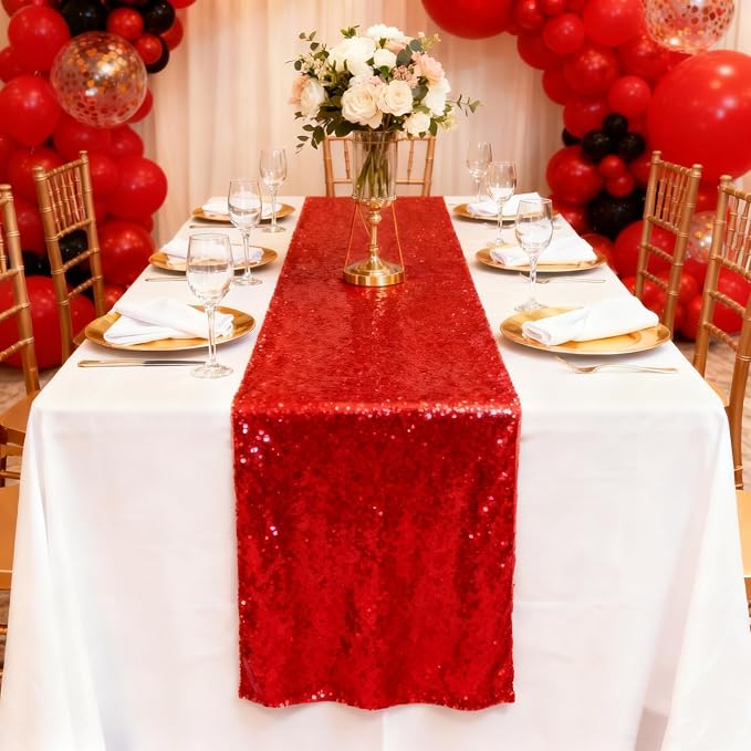 12x108 inch Red Sequin Table Runner Sparkly Glitter Table Linens 6 Packs for Party Decorations Wedding Birthday Baby Shower Engagement Anniversary