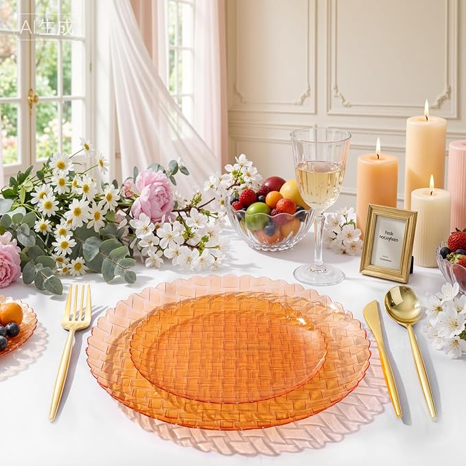 Festiva 60PCS Clear Orange Plastic Plates - Heavy Duty Weave Pattern Fancy Disposable Plates -serve for 30 guests Include 30PCS 10" & 30PCS 7" Plates for Birthday & Easter Party(Orange)