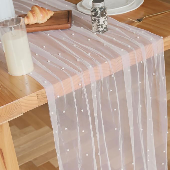 Set of 1 29" x 120" White Bohemian Pearl Table Runner for Wedding Party Baby Shower Birthday Home Decor