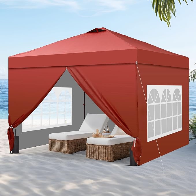 GDY 10x10 Pop Up Canopy Tent with 4 Sidewalls, Easy Set up, Outdoor Silver Coated Beach Gazebos, Carpas with 4 Sandbags, for Pool, Events, Parties, and Camping, Red.
