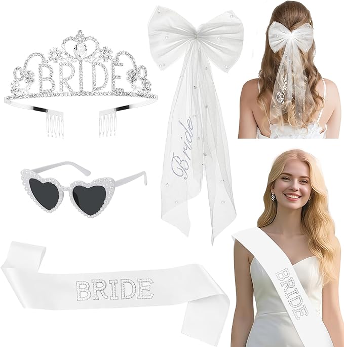 3 Pcs Bachelorette Party Decorations, BRIDE Crown ,Pearl Bride Sash,White Bride Embroidered Layer Veil for Women Bachelorette Party Gifts, Bridal Shower Supplies, Brides Accessories ,Gifts, Favors