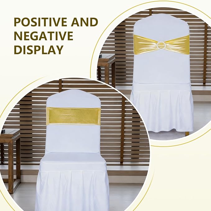 SquarePie 100 PCS Metallic Gold Spandex Chair Sashes - Shiny Stretch Bows with Buckle Slider - No-Tie Universal Elastic Chair Bands for Wedding Reception Party Banquet Event