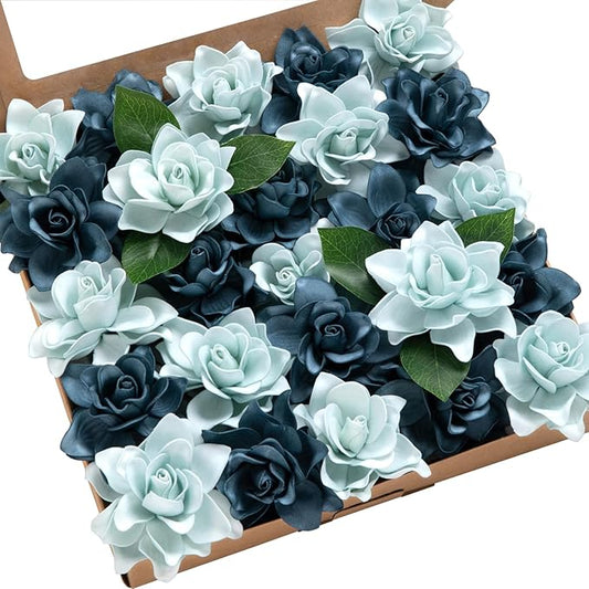 Ling's moment Flowers 25pcs Fake Gardenia Blue Artificial Flowers with Stem, Fake Flowers for DIY Wedding Decorations Centerpieces Bouquets Boutonnieres（Flores Artificial para Decoracion）