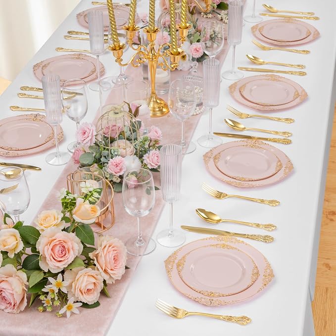 200PCS Pink and Gold Plates - Pink Plastic Plate - Fancy Disposable Plates with Gold Rim - Vintage Wedding Dinner & Dessert Plate for 100 Guests for Wedding & Bridal Shower