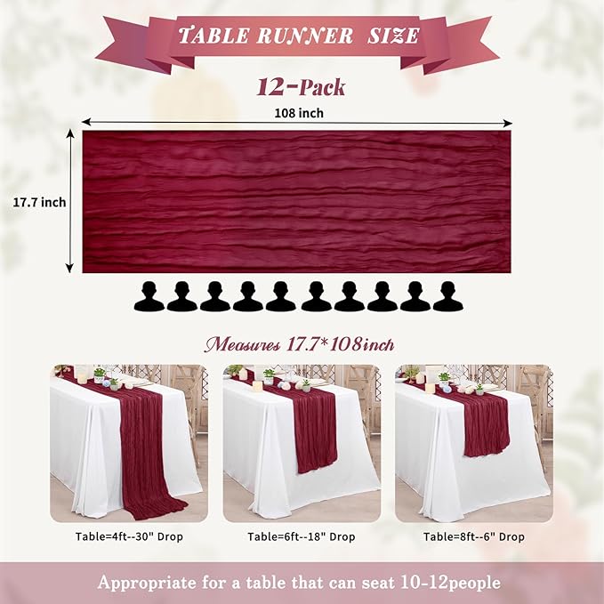 Pesonlook 12 Pack Cheesecloth Table Runner,Burgundy Table Runner Long Romantic Semi Sheer Rustic Boho Gauze Table Runners for Wedding Bridal Shower Birthday Party Decorations(17.7×108 Inch)