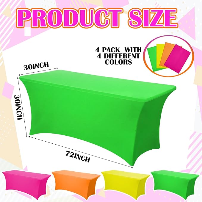 Frienda 4 Pcs Neon Color Tablecloth Stretch Spandex 71 x 30'' Neon Color Table Cloth Rectangle Table Cover for Birthday Banquet Picnic Holiday Party Decorations