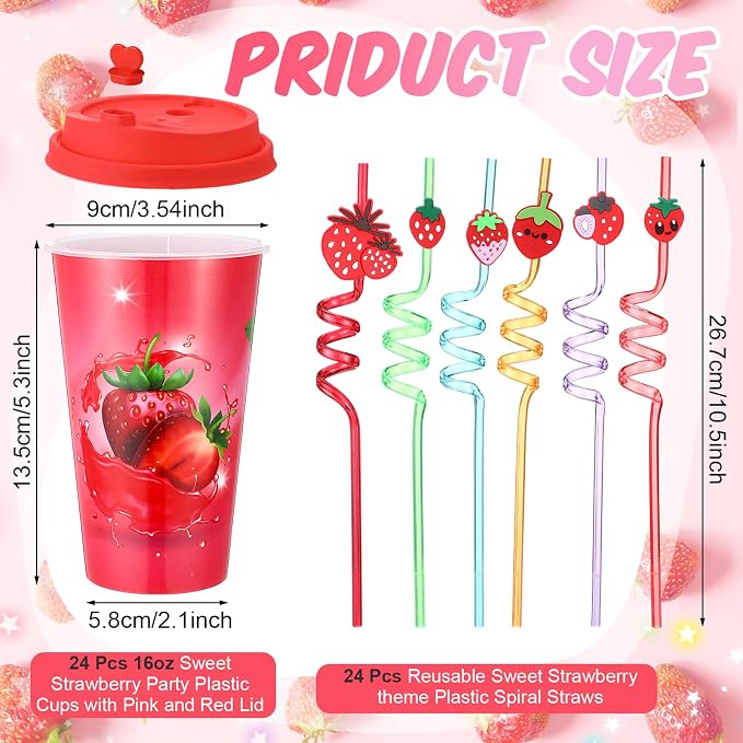 Maxcheck 36 Sets 16 oz Strawberry Party Favors Goodie Cups with Colorful Lids and Straws for Birthday Decorations Reusable Plastic Candy Cups Bulk Plastic Straws for Birthday Party Celebration Gifts