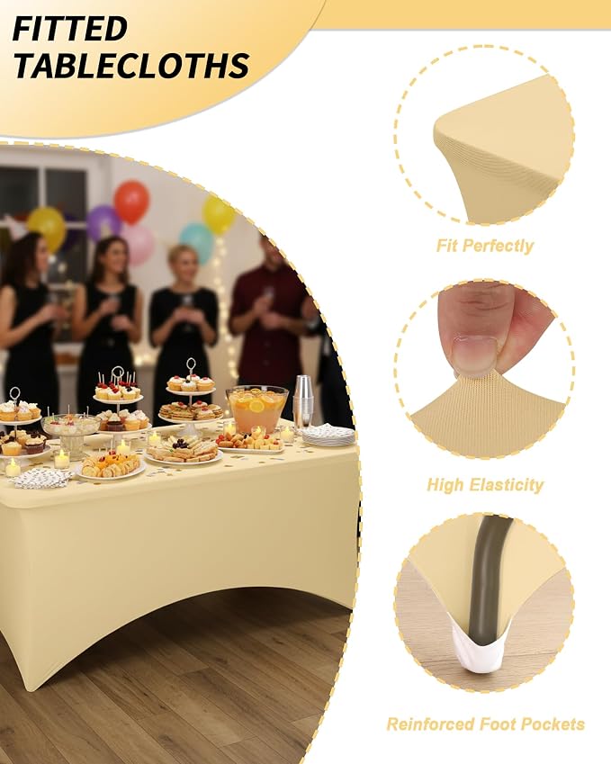 Fixwal Champagne Stretch Table Cloth Rectangle 2 Pack 6Ft, Spandex Fitted Table Covers Washable for Party, Trade Show, Banquet, Wedding, Buffet