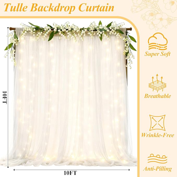 Ledido 2 Pack 10×10ft White Tulle Backdrop Curtains with Lights String - 600LED Fairy Lights Sheer Curtain Backdrop for Wedding Baby Shower Photo Shoot Birthday Party Decoration(4 Panels 5×10ft)，White