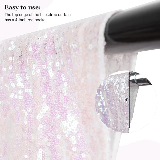 PartyDelight Iridescent White Sequin Backdrop Curtains 2x8ft 2 Panels | Iridescent white 3mm sequins show pink and purple tones under light with 4 inch rod pocket for doors windows and photo booths