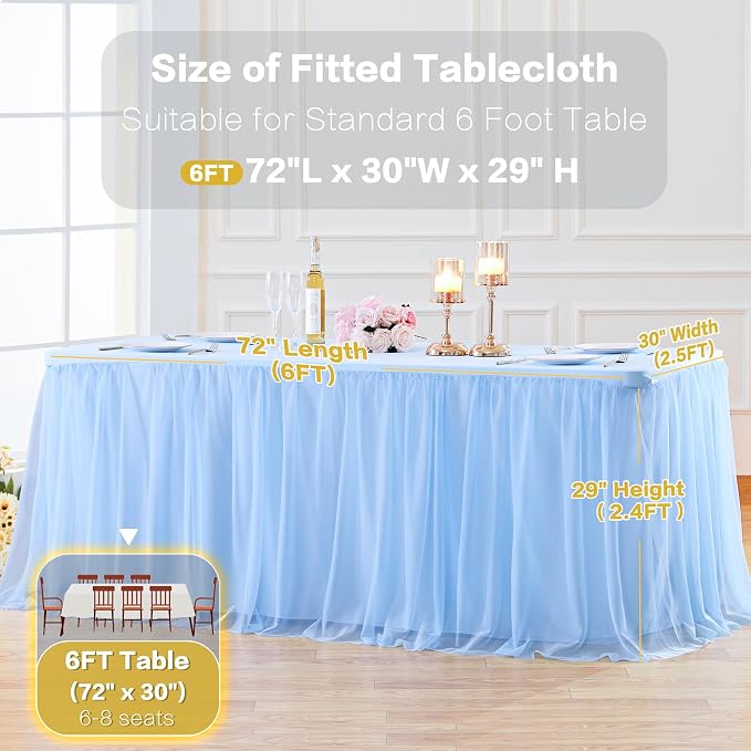 Baby Blue Table Cloth for 6 Foot Rectangle Tables, Stretch Fitted Tulle Table Covers Skirt, Rectangular Ruffle Tutu Tablecloth Wedding Baby Shower Baby Shower Cake Tablecloths Decorations
