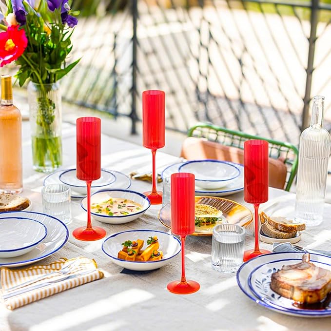 JLYLOL 12 Pcs Red Plastic Champagne Flutes 6OZ Large Ribbed Champagne Glasses Toasting Glass Plastic Goblets for Parties Vintage Mimosa Bar Glasses Elegant Stemmed Drinking Cups for Wedding Bride