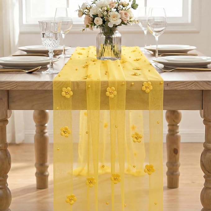 Artoid Mode Yellow Flower Pearl Yellow Gauze Table Runner 10FT, Seasonal Sheer Dining Holiday Wedding Birthday Baby Shower Table Decor for Home Party
