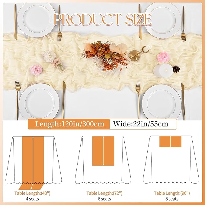 8 Pack Ivory Cheesecloth Table Runner 120 Inch 10FT Boho Rustic Cream Sheer Gauze Cheese Cloth Table Runner for Wedding Baby Shower Birthday Party Table Decor