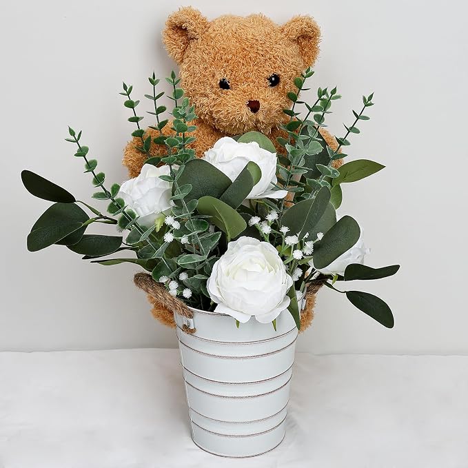 6 PCS Large Wedding Flower Table Centerpieces - 10 Inches Artificial Floral Arrangement with Rustic Tall Metal Vase for Wedding Birthday Party Bridal Baby Shower Event Decorations - White