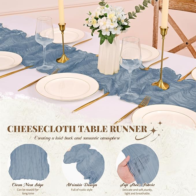 12 Pack Dusty Blue Table Runner, Cheesecloth Table Runner Long Romantic Semi Sheer Rustic Boho Gauze Table Runners for Wedding Bridal Shower Birthday Party Decorations(17.7×108 Inch)