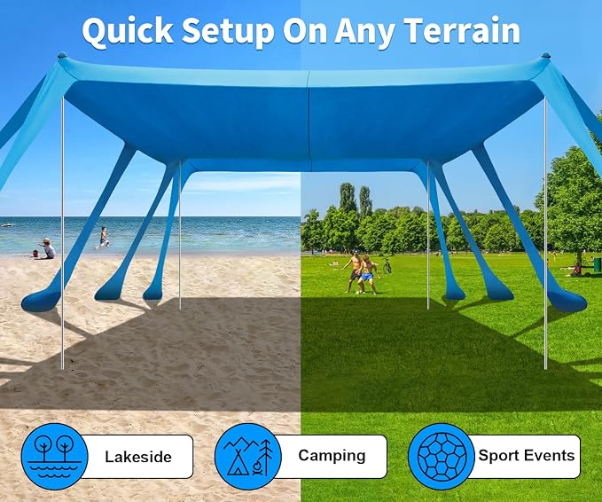 13x10FT Beach Tent Sun Shelter – UPF50+ Outdoor Canopy with 10 Sandbags, Sand Shovel, Ground Pegs & Stability Poles – Portable Shade for Camping, Fishing, Picnics & Beach Trips