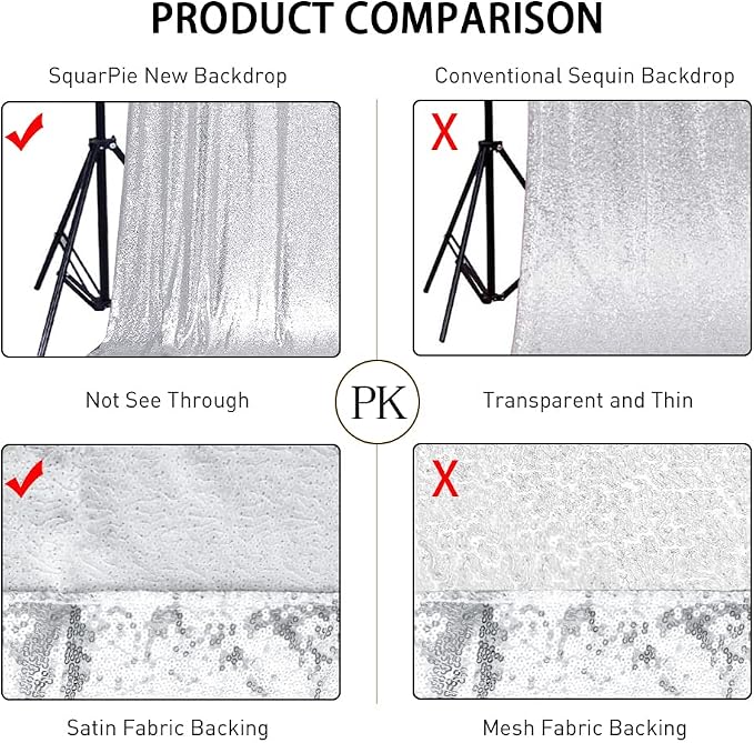 SquarePie 6x6ft Silver Sequin Backdrop for Photography, Satin-Backed Real Sequin Curtain, Enhanced Coverage Shimmering Background with 4" Rod Pocket for Wedding, Birthday, Party Decor, 1 Panel