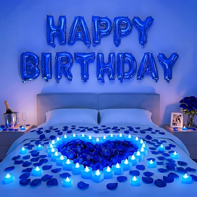 Blue Happy Birthday Balloons Decorations Happy Birthday Letter Balloons Banner Set with 24pcs Heart Flameless LED Candles and 2000pcs Artificial Rose Petals for Women Men Room Party Decor