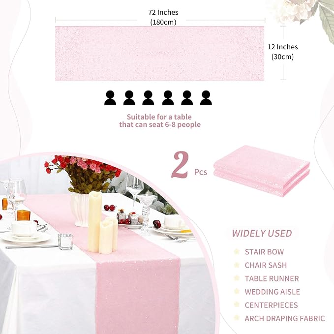 Sequin Table Runners 2 Pieces Pink Table Runners 12x72 Inch Glitter Dining Table Cover for Party Wedding Birthday Reception Banquet Decoration Spring Valentine's Party Chair Sashes