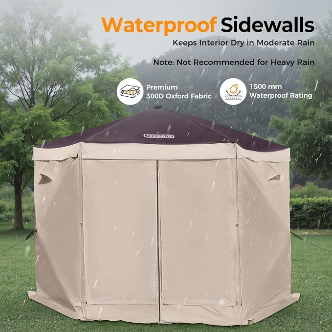 Tecoom 10x10ft 6-Sided Pop Up Gazebo Tent, Screen House with Mosquito Netting Canopy for Camping, Portable Sun Shelter Removable Siedwalls for Outdoor, Garden, Activities, Khaki