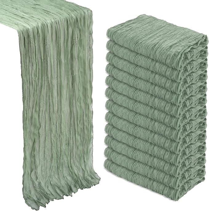 12 Pack Sage Green Cheesecloth Table Runner 10Ft Spring Gauze Cheese Cloth Table Runner 35x120 Inch Boho Sheer Rustic Fabric for Party Decor Baby Shower Wedding Decorations
