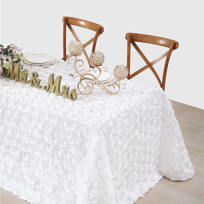 Fanqisi White 3D Floral Satin Raised Rosettes Tablecloth Rectangular 90x132 Inches Rosette Tablecloth for Wedding Baby Shower Table Bridal Shower Meeting Events Decoration