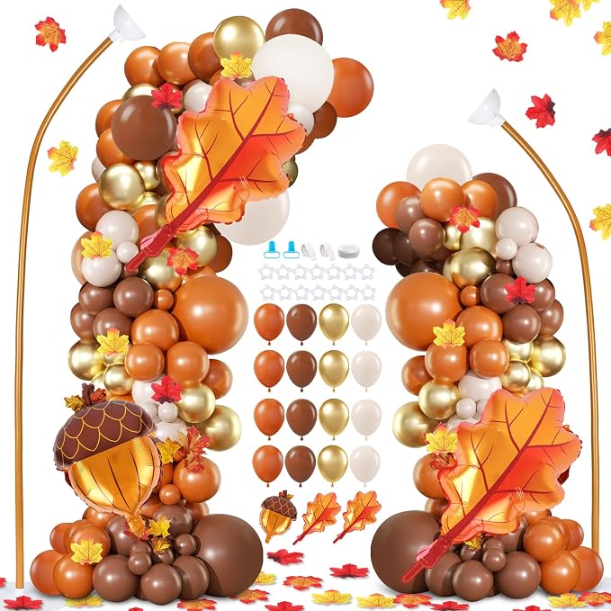 2 Set Fall Balloon Arch Kit Adjustable Fall Column Stand Thanksgiving Balloon Towers with Pinecone Maple Leaves Balloons for Thanksgiving Autumn Harvest Baby Shower Birthday Party Decoration