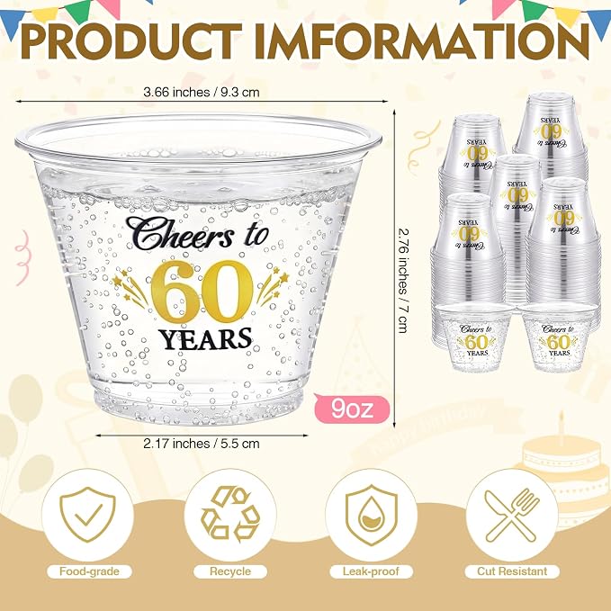 LemonRoad 100 Pack 60th Birthday Cup 9 oz Cheers to 50 Years Birthday Disposable Clear Plastic Cocktail Cups Hot Cold Beverage Drinks for Men Women Wedding Anniversary Decorations Party Favors