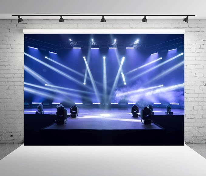 BELECO 7x5ft Fabric Music Concert Stage Backdrop Music Night Blue Stage Spotlights Band Live Shows Rock Music Festivals Carnival Background Music Theme Party Decorations Photo Booth Studio Props