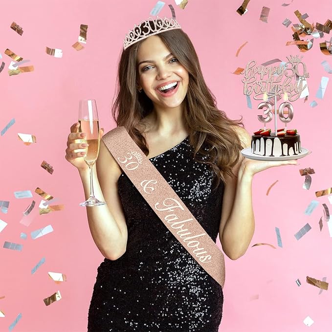 30th Birthday Decorations for Her, Including 30th Birthday Sash and Tiara, Cake Topper and Candles, Number Balloons, 30 Year Old Gifts for Women